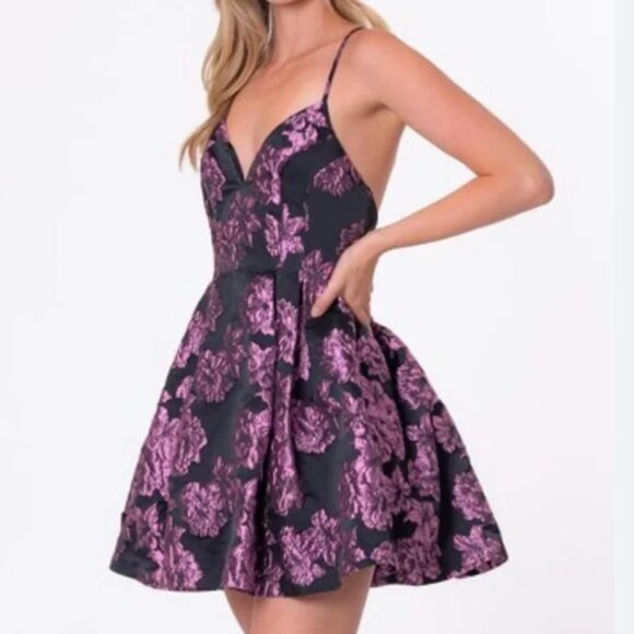 a.Peach Floral Black and Shimmery Purple Fit and Flare Party Dress Size Large - Picture 1 of 8